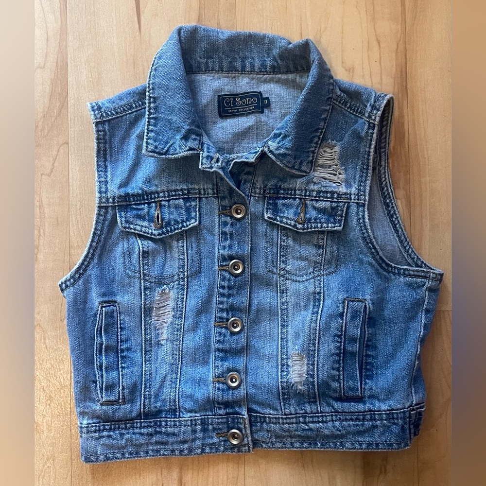 Denim distressed Jean Jacket Vest XS Boho Indie Sleaze Cowgirl XS Coachella - Picture 2 of 4